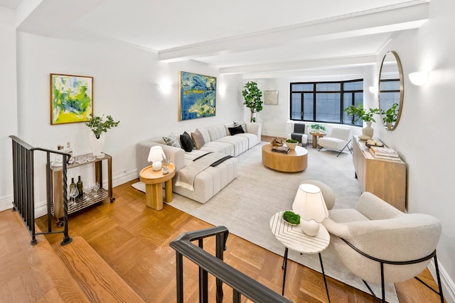 25 W 54th St Unit 8F, New York City, NY 10019 - living room with beamed ceiling and baseboards