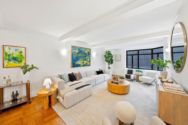 living room featuring beam ceiling and parquet floors