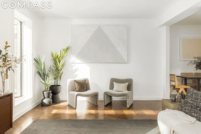 living area with crown molding and a healthy amount of sunlight