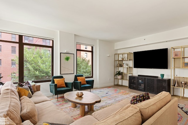 living room with light hardwood / wood-style flooring