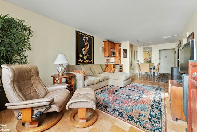 living room with rail lighting and light parquet flooring