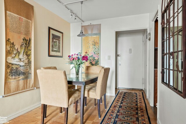 dining space featuring rail lighting and wood-type flooring