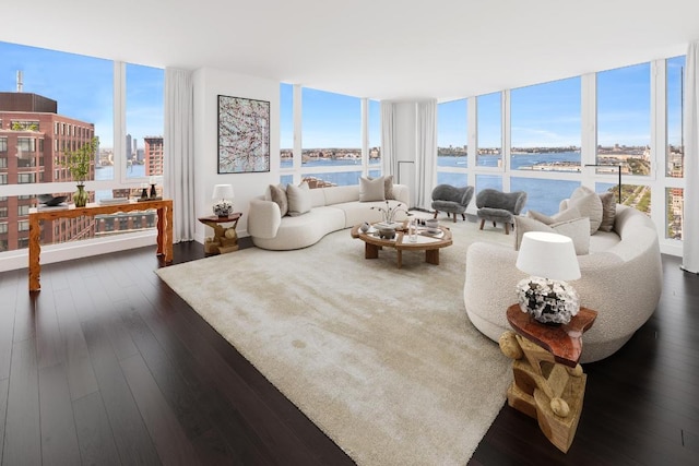 living room featuring floor to ceiling windows, a water view, and dark hardwood / wood-style flooring