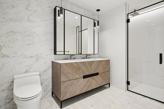 218 W 103rd St Unit 11D, New York City, NY 10025 - full bathroom with double vanity, marble finish floor, toilet, and a shower stall