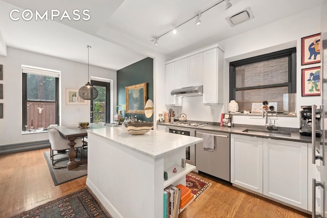 kitchen with stainless steel appliances, white cabinets, a sink, light wood-type flooring, and under cabinet range hood