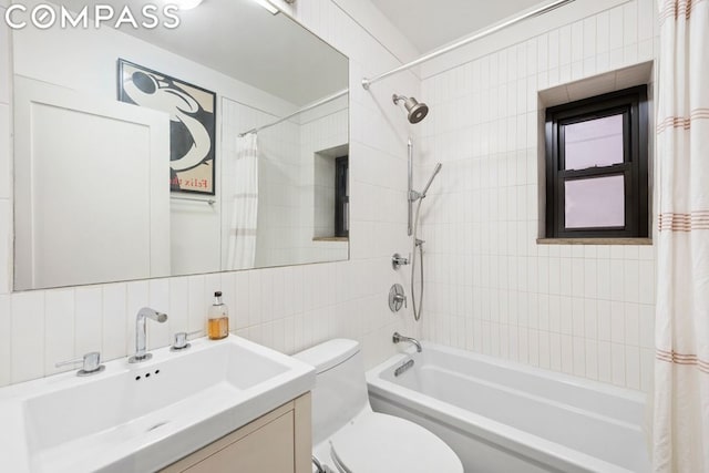 full bathroom featuring toilet, tasteful backsplash, tile walls, shower / bath combination with curtain, and vanity