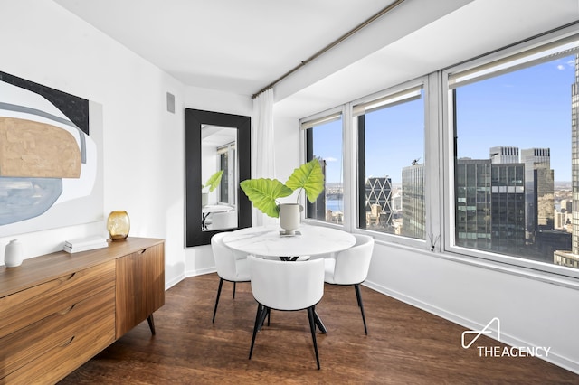 dining room with a view of city, baseboards, and wood finished floors