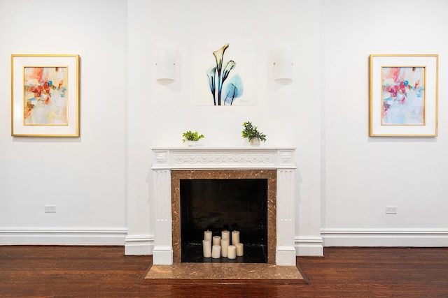 room details with a fireplace, wood finished floors, and baseboards