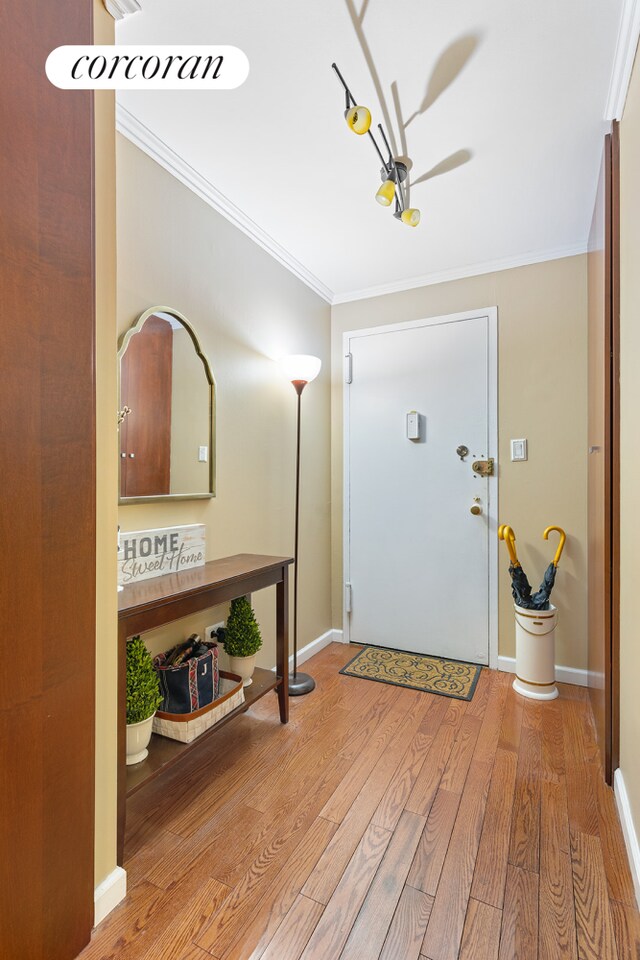 entrance foyer featuring baseboards, ornamental molding, and light wood-style floors