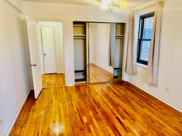 unfurnished bedroom featuring a closet, light hardwood / wood-style flooring, and multiple windows