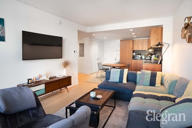 living room with electric panel and light hardwood / wood-style floors