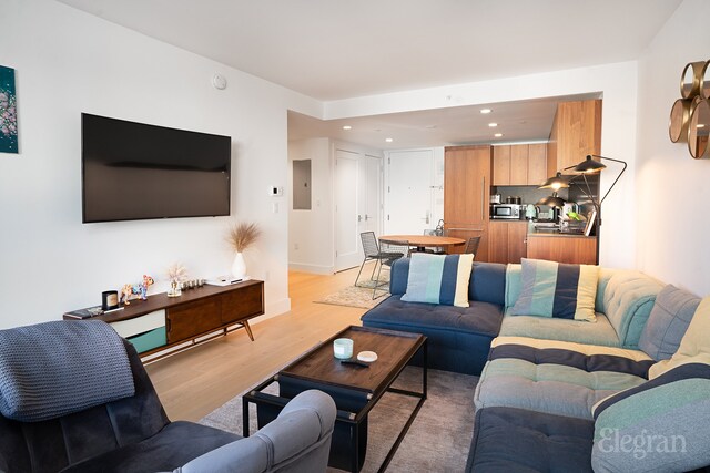 living room featuring electric panel and light wood-type flooring