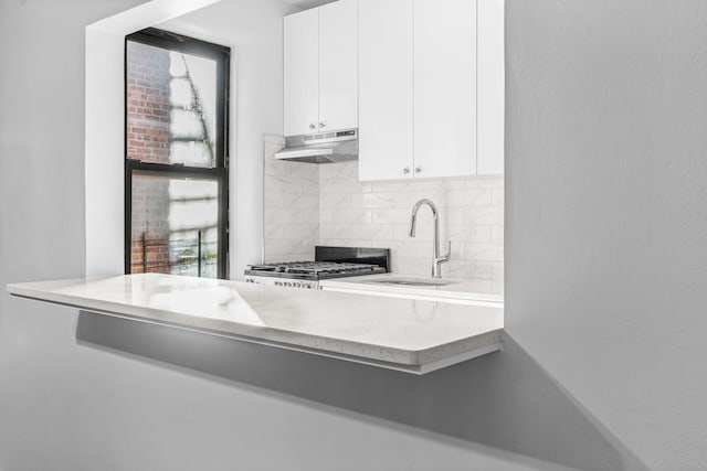 kitchen with under cabinet range hood, stove, a sink, light countertops, and backsplash