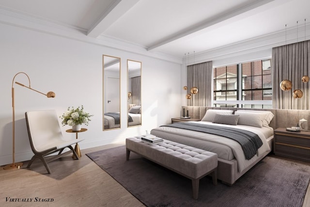 bedroom with beam ceiling, ornamental molding, and hardwood / wood-style floors