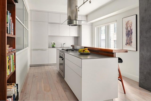 kitchen featuring a kitchen breakfast bar, modern cabinets, island range hood, and white cabinets