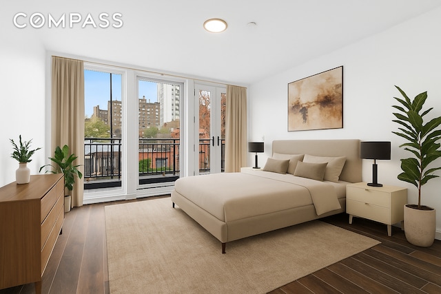 47 W 94th St, New York City, NY 10025 - bedroom with access to exterior, dark wood finished floors, and a view of city