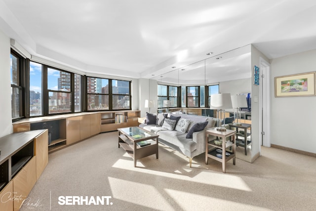 living room featuring light carpet