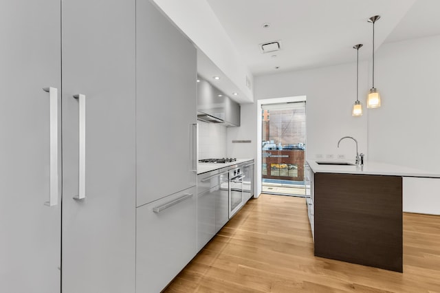 kitchen with modern cabinets, a sink, light countertops, and light wood-style flooring