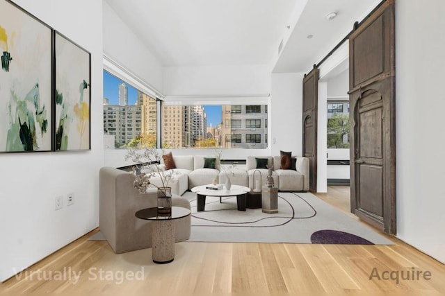 interior space with a barn door, a view of city, light wood-style flooring, and a wealth of natural light