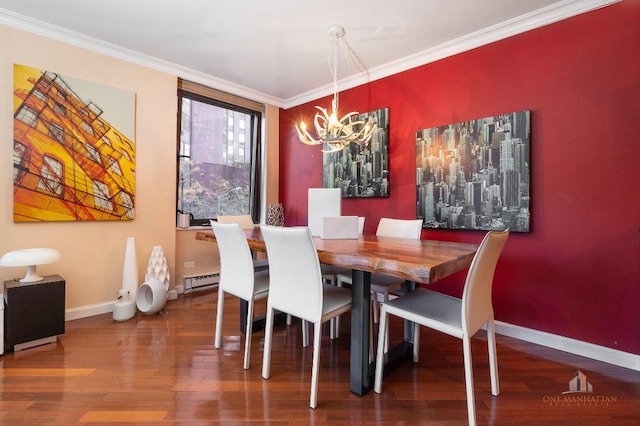 dining room featuring an inviting chandelier, crown molding, baseboard heating, and hardwood / wood-style flooring