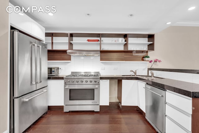 kitchen featuring white cabinetry, sink, dark hardwood / wood-style floors, ventilation hood, and high quality appliances