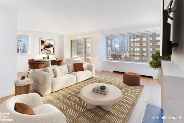 living area with baseboards and wood finished floors