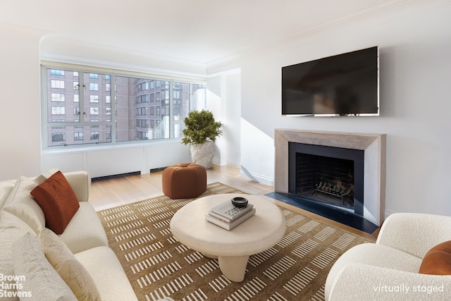 living area featuring ornamental molding, a wealth of natural light, a premium fireplace, and wood finished floors