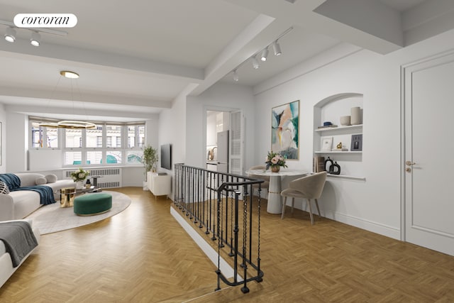 hall featuring beamed ceiling, parquet flooring, radiator heating unit, and built in features