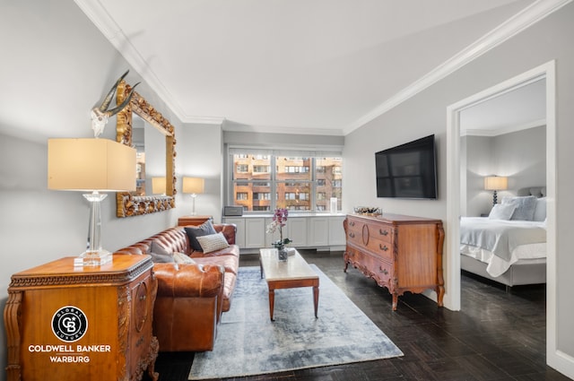 living room featuring ornamental molding and dark parquet flooring