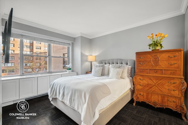 bedroom with ornamental molding and dark parquet flooring