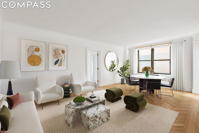 living room with light parquet floors