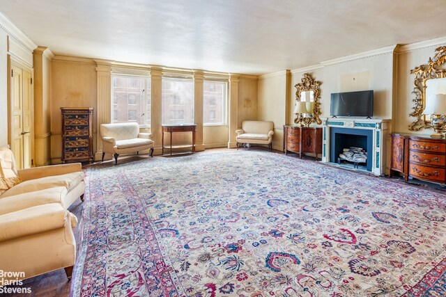 living room with crown molding