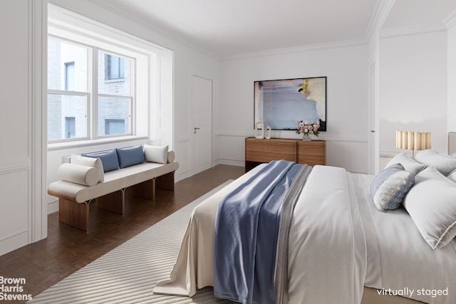 bedroom featuring parquet floors and crown molding