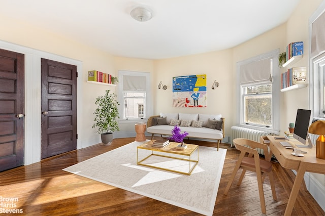 living room featuring hardwood / wood-style flooring and radiator heating unit