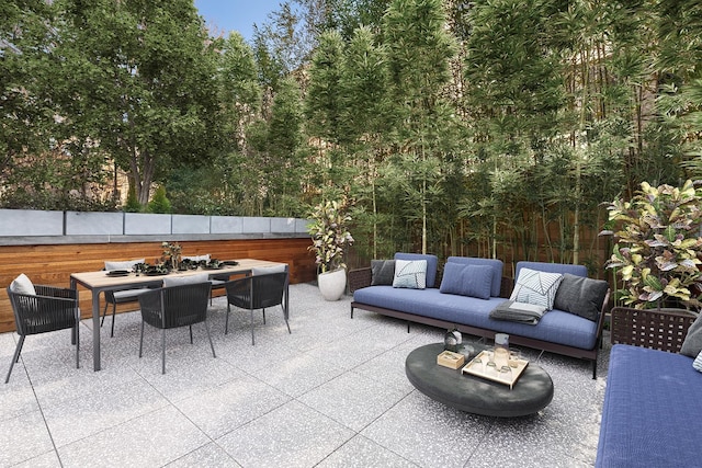 view of patio with outdoor dining area, fence, and an outdoor hangout area