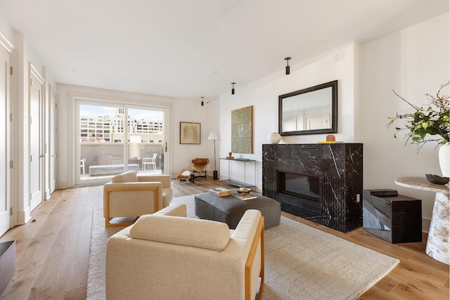 living room with light wood-type flooring and a high end fireplace