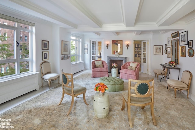 2 Beekman Pl Unit 4Abg, New York City, NY 10022 - sitting room with beamed ceiling, a fireplace, and ornamental molding
