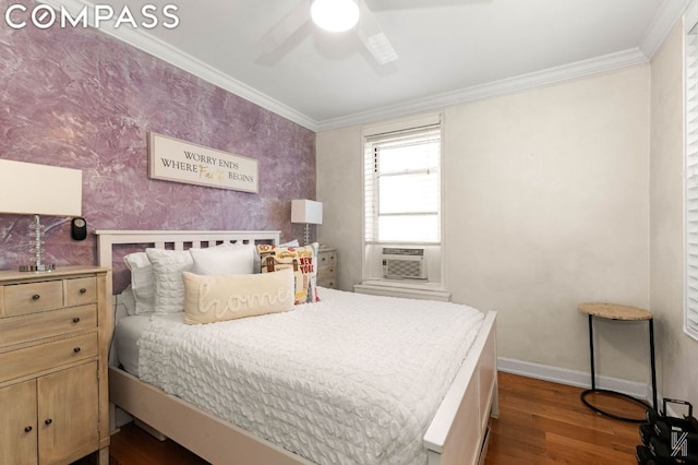 bedroom featuring ceiling fan, crown molding, cooling unit, and hardwood / wood-style flooring