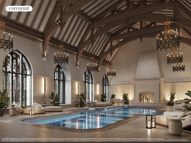 view of pool featuring a notable chandelier