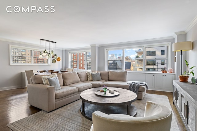 living room featuring a view of city, baseboards, wood finished floors, and crown molding