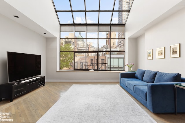 living room with hardwood / wood-style flooring and a high ceiling