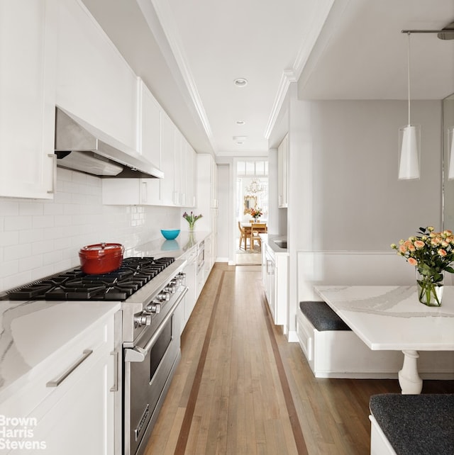 kitchen featuring stainless steel stove, crown molding, light wood finished floors, white cabinets, and range hood