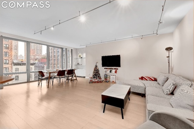 living room featuring track lighting and light hardwood / wood-style floors