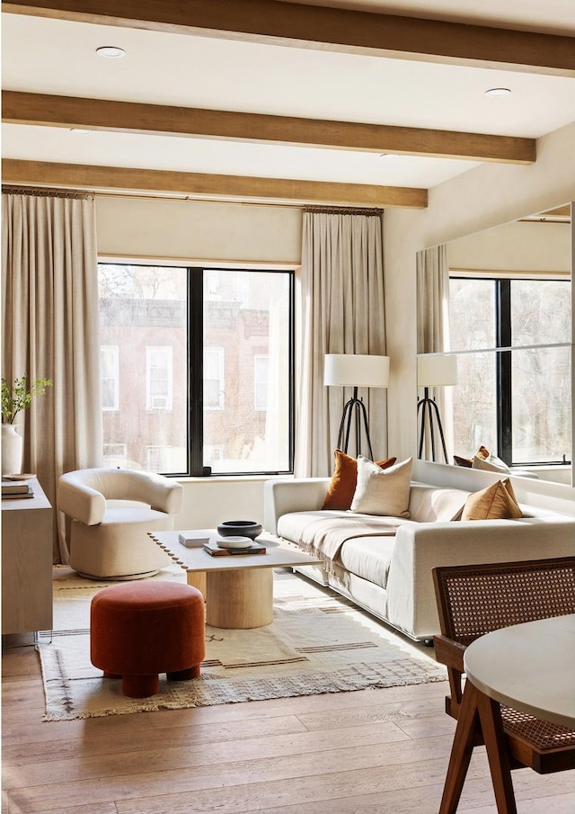 living area featuring wood finished floors and beamed ceiling