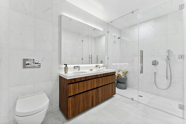 244 E 52nd St Unit 3C, New York City, NY 10022 - full bath with tile walls, a shower stall, double vanity, toilet, and marble finish flooring