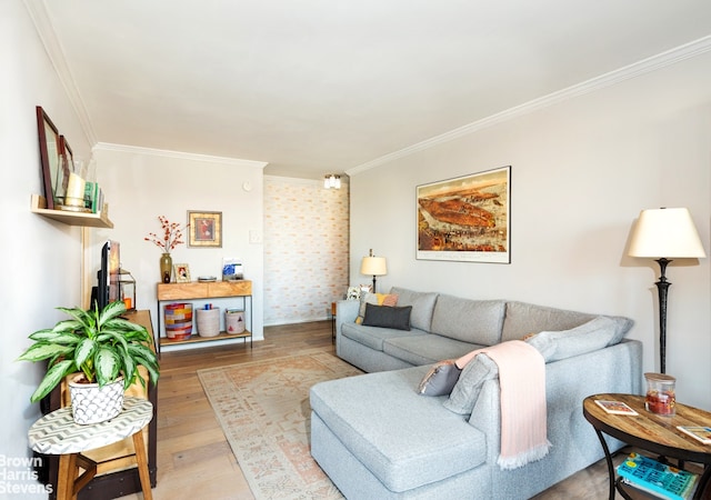 living room featuring hardwood / wood-style flooring, brick wall, and crown molding