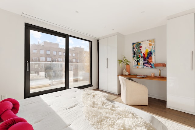 bedroom featuring wood finished floors and access to exterior