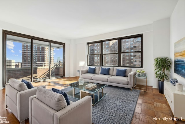 living room with a city view