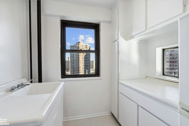 interior space featuring baseboards, a healthy amount of sunlight, cabinet space, and a sink