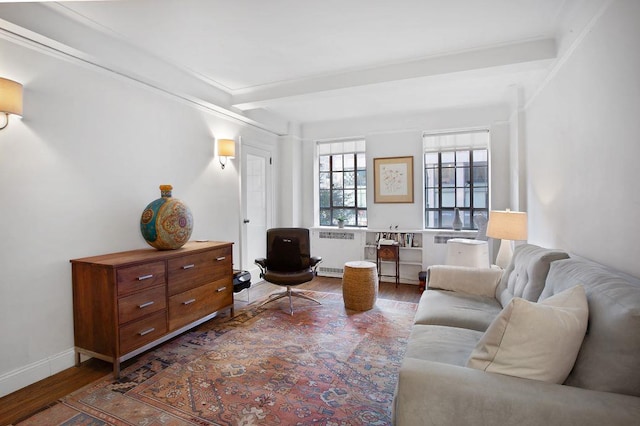 living area featuring radiator, beamed ceiling, baseboards, and wood finished floors